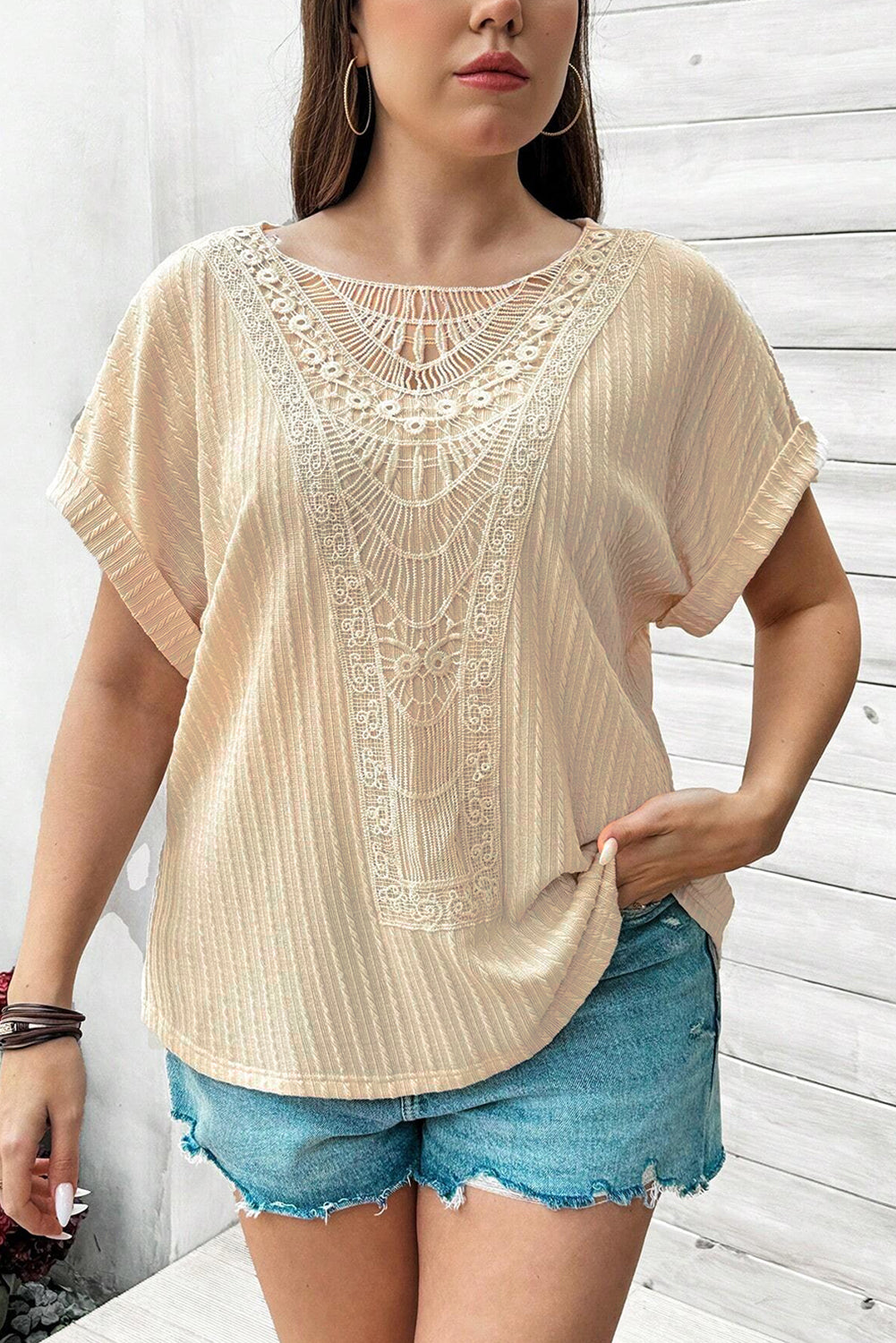 Beige Lace Crochet Patched Cable Textured Cuffed Short Sleeve Plus Size Top Plus Size Tops & Tees JT's Designer Fashion