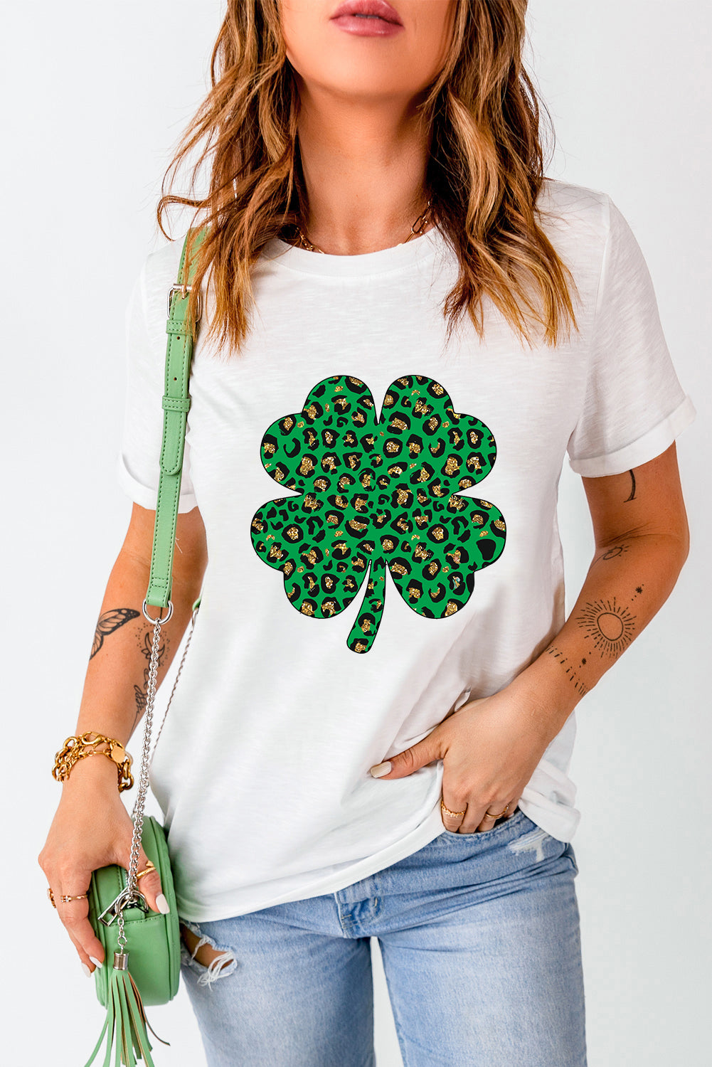 White Leopard Four Leaf Clover Graphic Tee Graphic Tees JT's Designer Fashion