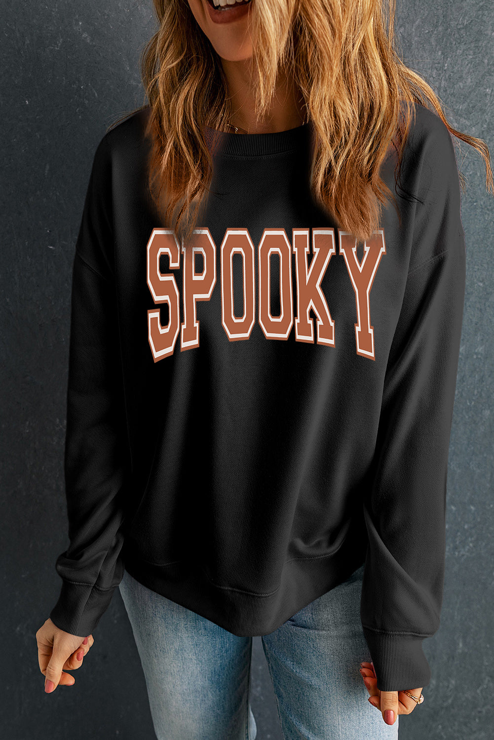 Black SPOOKY Graphic Drop Shoulder Halloween Pullover Sweatshirt Graphic Sweatshirts JT's Designer Fashion