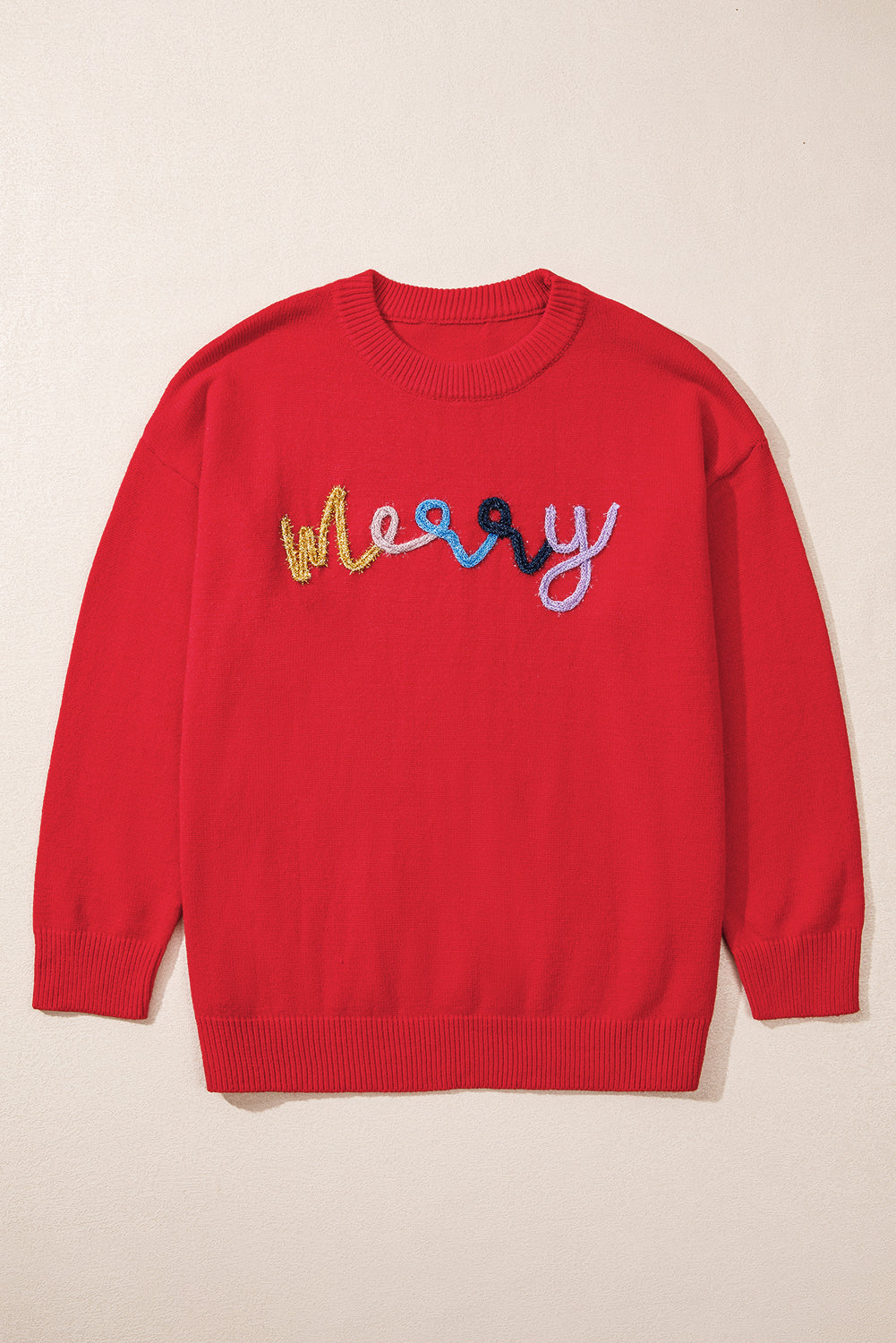 Fiery Red Tinsel merry Pattern Drop Shoulder Plus Size Sweater Plus Size Sweaters & Cardigans JT's Designer Fashion