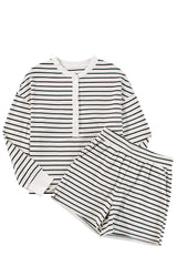 Black white Stripes Printed Half Button Long Sleeve Top and Shorts Set Short Sets JT's Designer Fashion