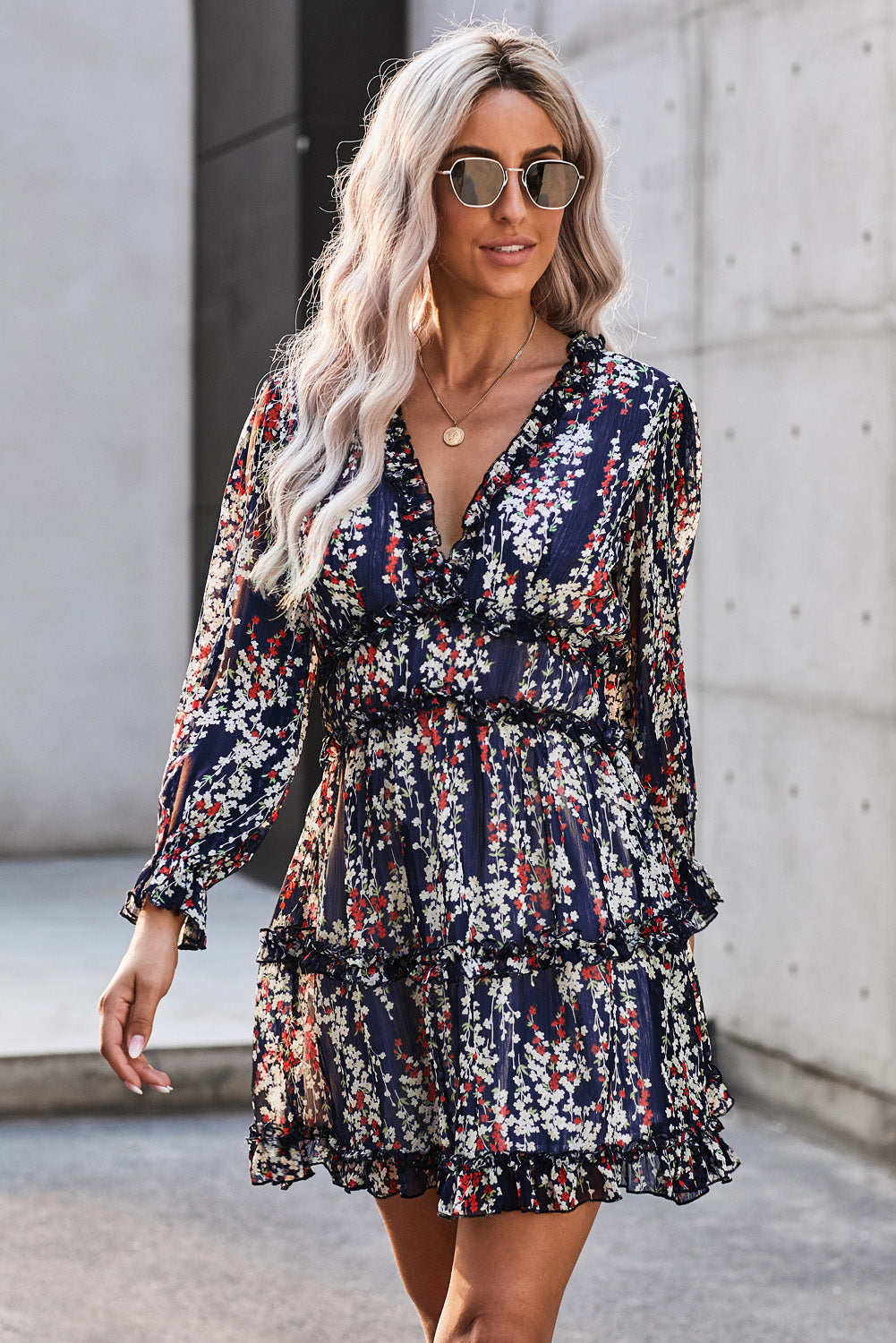 Blue Ruffle Detailing Open Back Floral Dress Floral Dresses JT's Designer Fashion