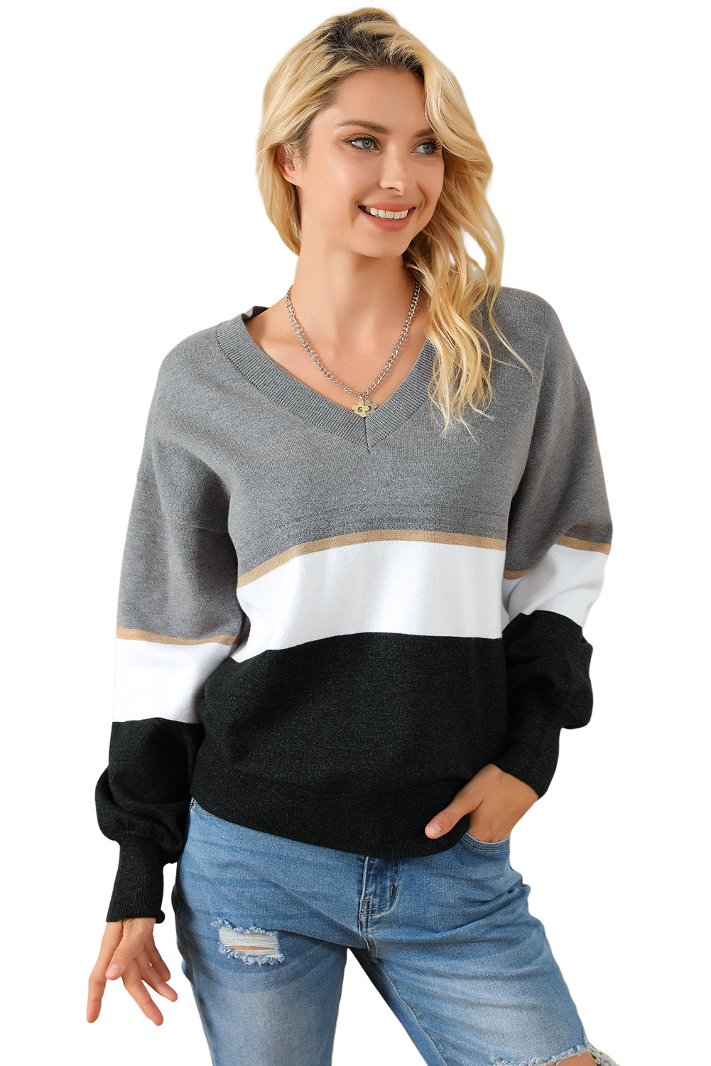 Gray Colorblock V Neck Sweater Sweaters & Cardigans JT's Designer Fashion