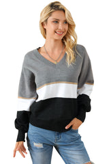 Gray Colorblock V Neck Sweater Sweaters & Cardigans JT's Designer Fashion
