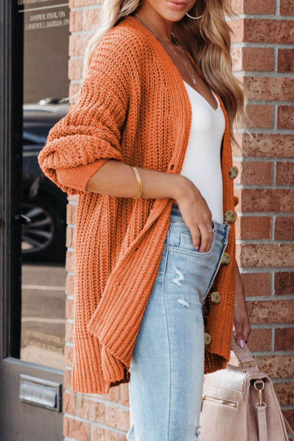 Gold Flame Button Front V Neck Chunky Cardigan Sweater Cardigans JT's Designer Fashion