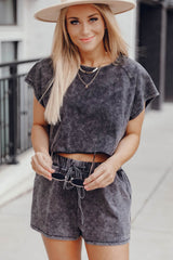 Black Acid Washed Short Lounge Set Short Sets JT's Designer Fashion