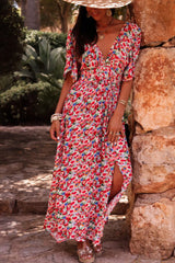 Red Floral Half Sleeve Deep V Neck Cutout Back Split Maxi Dress Floral Dresses JT's Designer Fashion