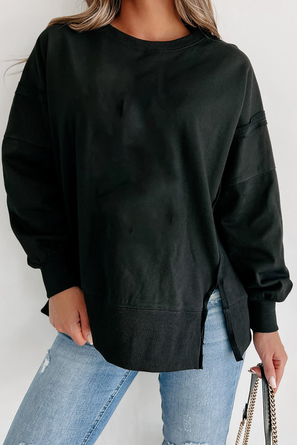 Black Exposed Seam Drop Shoulder Round Neck Sweatshirt with Slits Sweatshirts & Hoodies JT's Designer Fashion