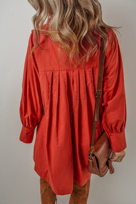 Tomato Red Bishop Sleeve Button Up Pleated Mini Shirt Dress Mini Dresses JT's Designer Fashion