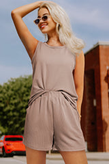 Smoke Gray Corded Sleeveless Top and Pocketed Shorts Set Short Sets JT's Designer Fashion