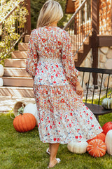 Khaki Floral Print Ruffled Tiered Long Sleeve V Neck Midi Dress Floral Dresses JT's Designer Fashion