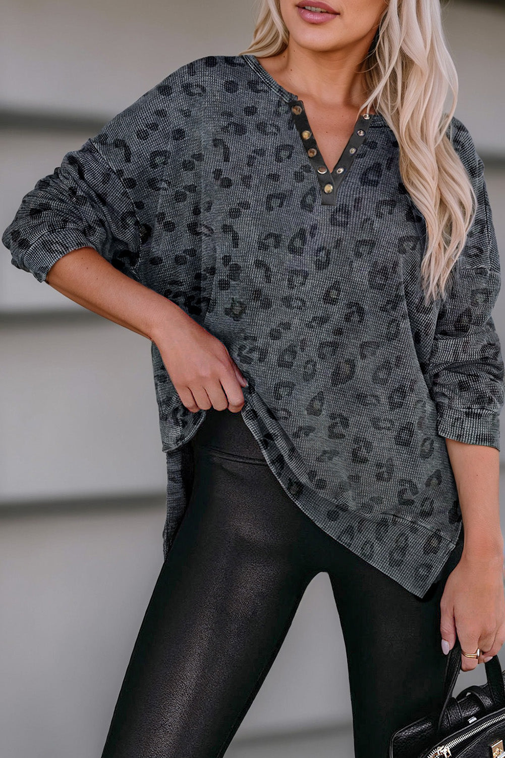 Gray Leopard Print Button Split Neck Waffle Sweatshirt Sweatshirts & Hoodies JT's Designer Fashion