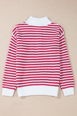 Pink Stripe Zip up Collar Drop Shoulder Sweater Sweaters JT's Designer Fashion