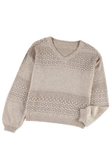 Brown Eyelet Pattern Detail V Neck Drop Shoulder Sweater Sweaters JT's Designer Fashion