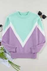 Green Chevron Colorblock Ribbed Knit Drop Shoulder Sweater Sweaters JT's Designer Fashion