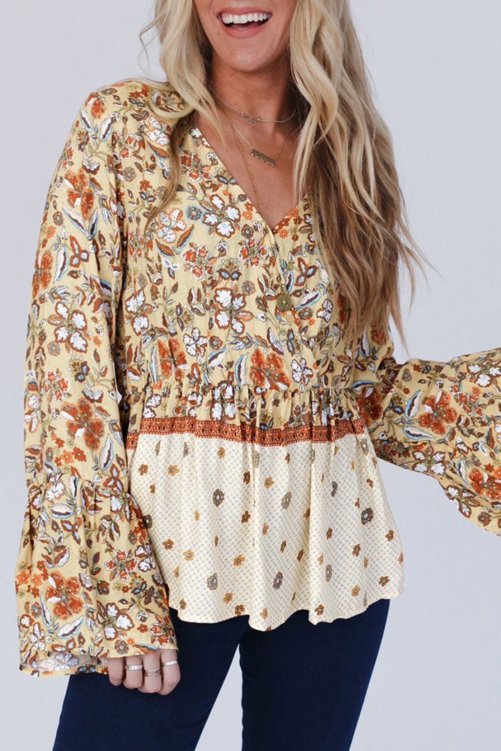 Yellow Printed Floral Bell Sleeve V Neck Wrapped Contrast Peplum Blouse Yellow Printed 100%Polyester Blouses & Shirts JT's Designer Fashion