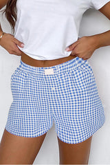 Blue Gingham Printed High Waist Shorts blue 100%Polyester Casual Shorts JT's Designer Fashion