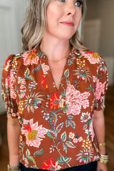 Brown Floral Stitched V Neck Frilled Trim Puff Short Sleeve Blouse Plus Size Blouses & Shirts JT's Designer Fashion