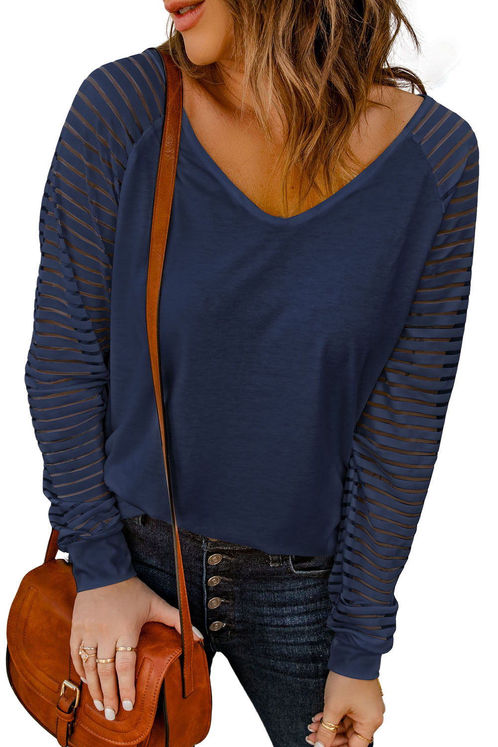 Blue Sheer Stripe V-Neck Top Long Sleeve Tops JT's Designer Fashion