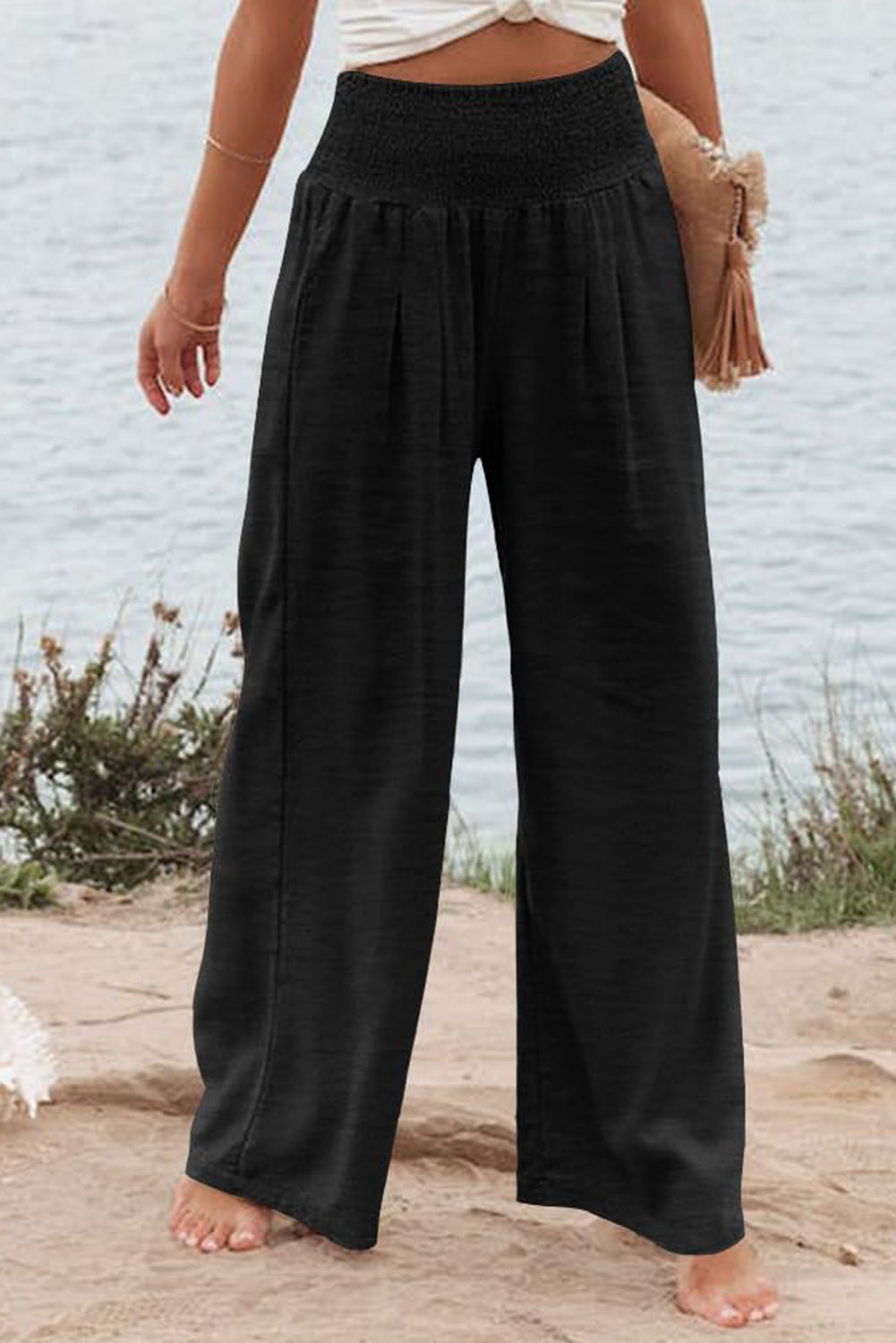 Black Shirred High Waist Plus Size Wide Leg Pants Black 100%Polyester Plus Size Bottoms JT's Designer Fashion