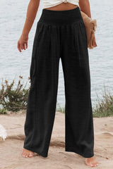 Black Shirred High Waist Plus Size Wide Leg Pants Black 100%Polyester Plus Size Bottoms JT's Designer Fashion