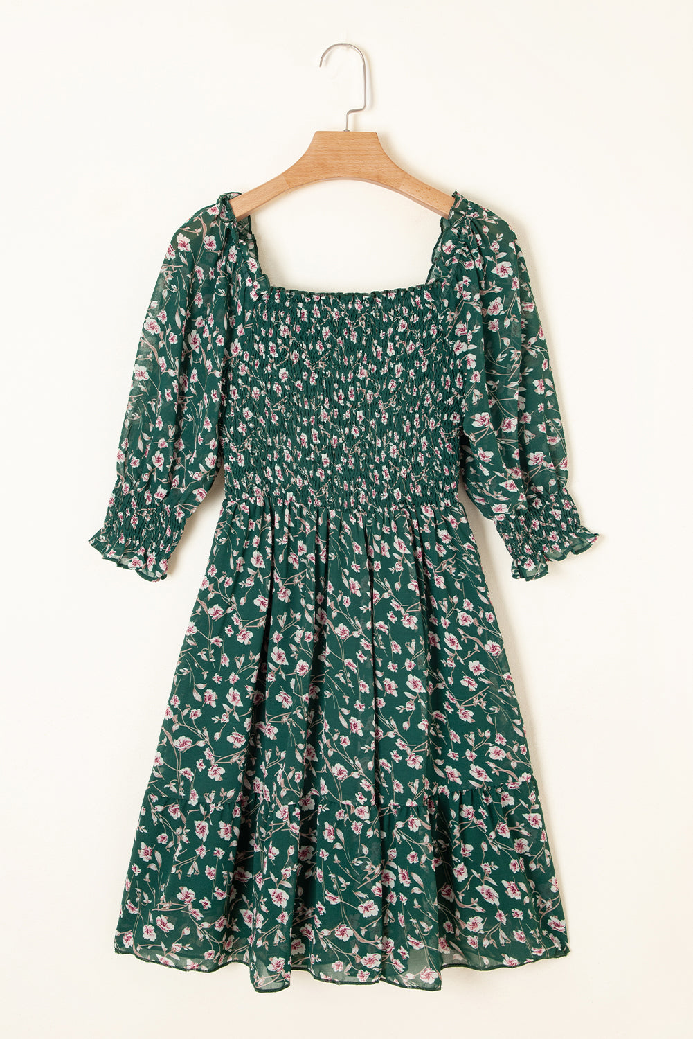 Green Smocked Square Neck Puff Short Sleeve Floral Dress Floral Dresses JT's Designer Fashion