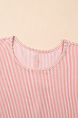 Blossom Corded Knit Crew Neck Puff Sleeve Shift Mini Dress T Shirt Dresses JT's Designer Fashion