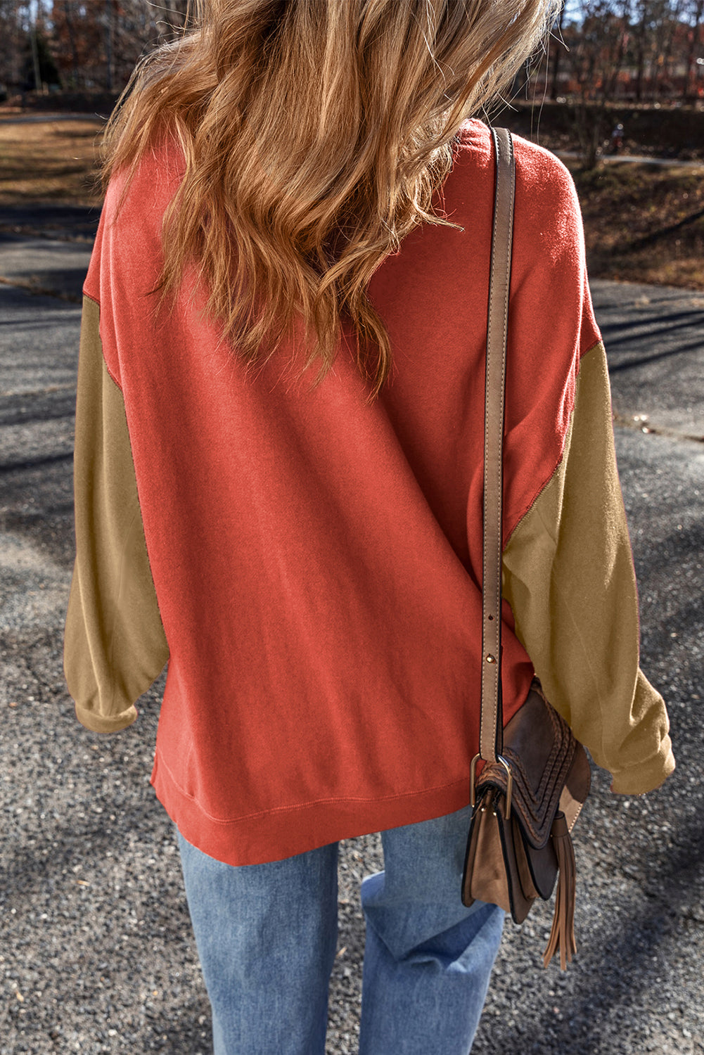 Gold Flame Two Tone Patchwork Drop Shoulder Pullover Sweatshirt Sweatshirts & Hoodies JT's Designer Fashion