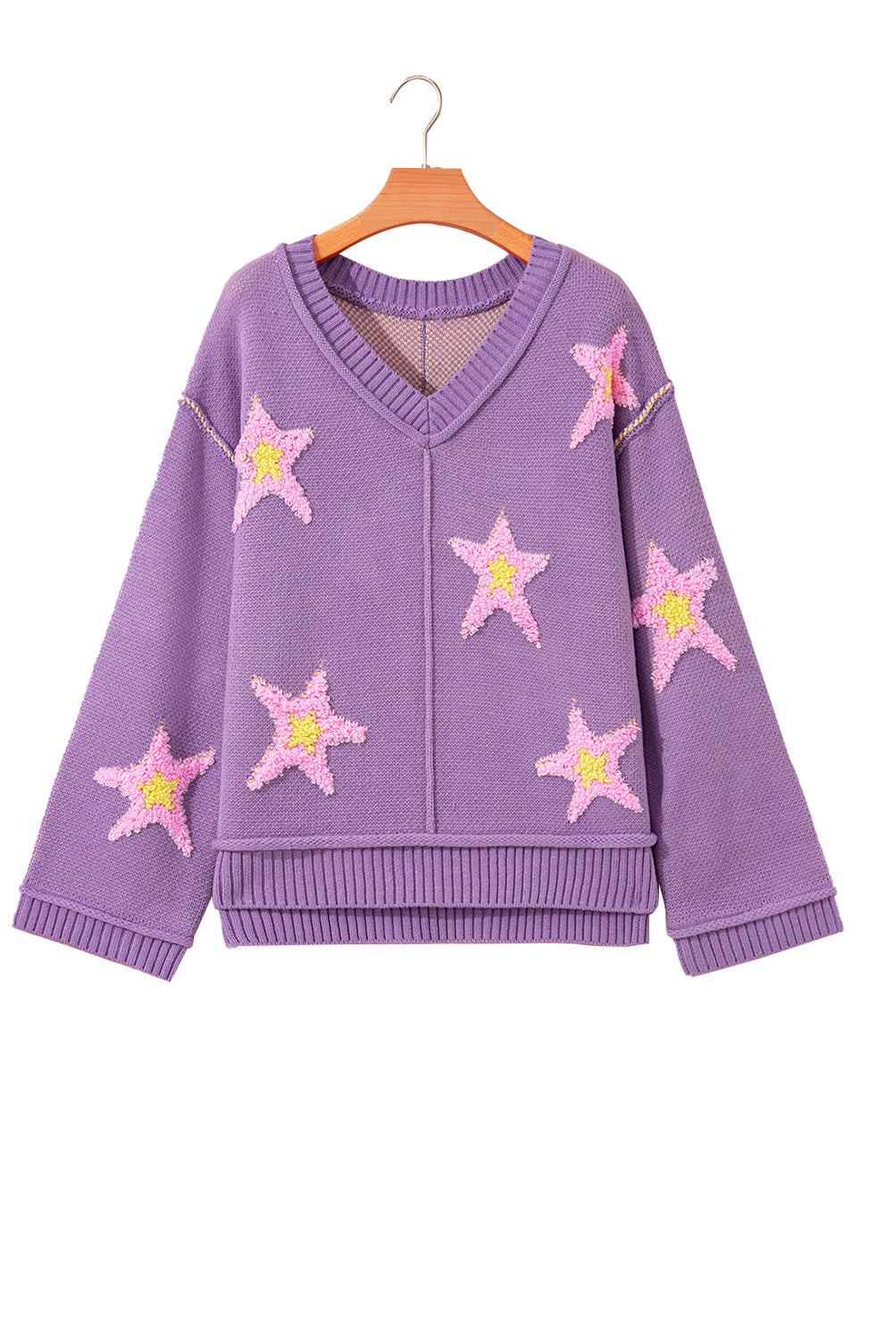Lavendula Brushed Star Graphic V Neck Drop Shoulder Oversize Sweater Sweaters JT's Designer Fashion
