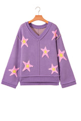 Lavendula Brushed Star Graphic V Neck Drop Shoulder Oversize Sweater Sweaters JT's Designer Fashion