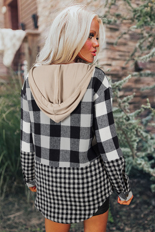 Black Double Plaid Patchwork Drawstring Hooded Shacket Plaid Shackets JT's Designer Fashion