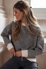 Black Contrast Edge Crew Neck Drop Shoulder Sweater Sweaters JT's Designer Fashion