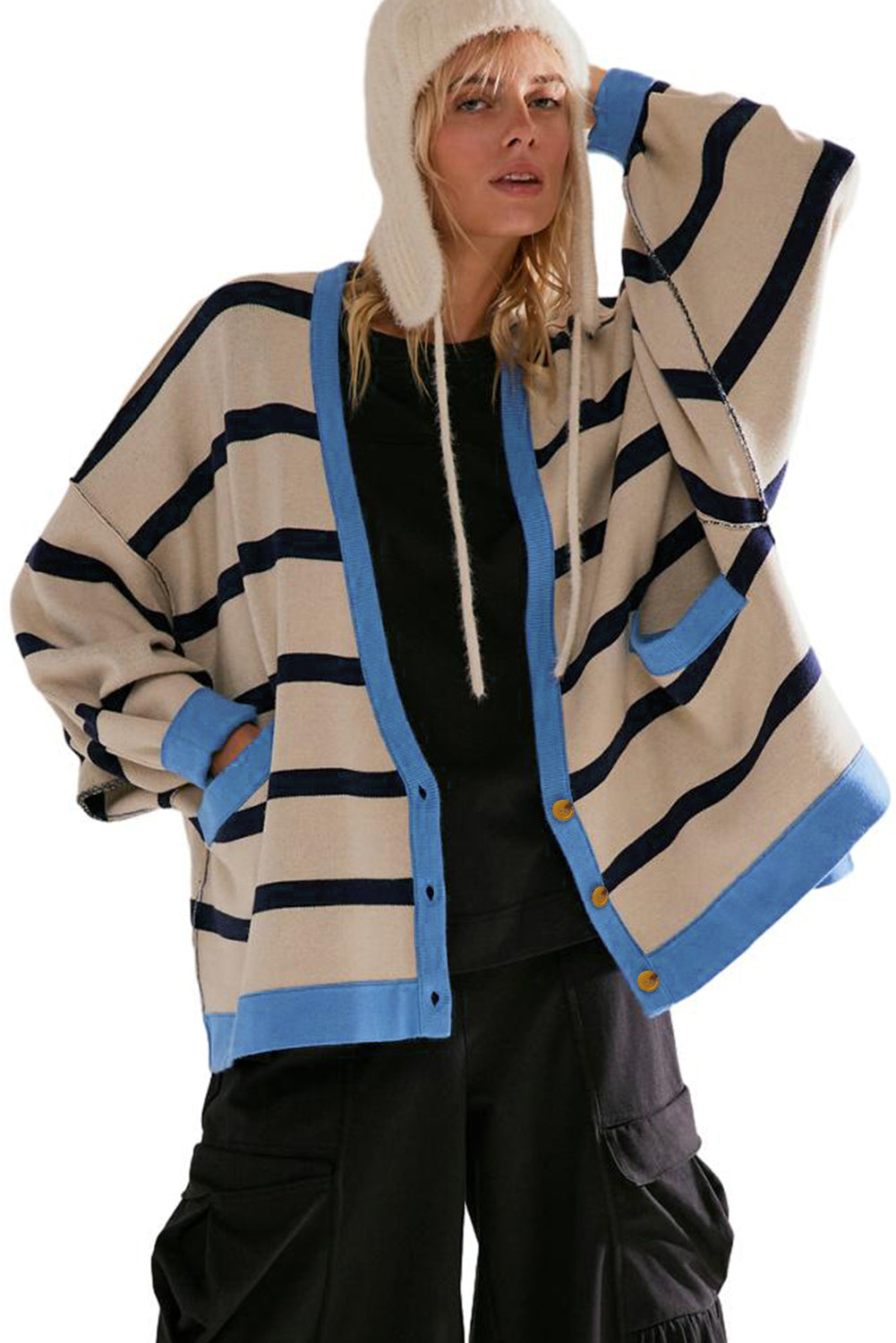 White Colorblock Drop Shoulder Buttoned Loose Cardigan Cardigans JT's Designer Fashion
