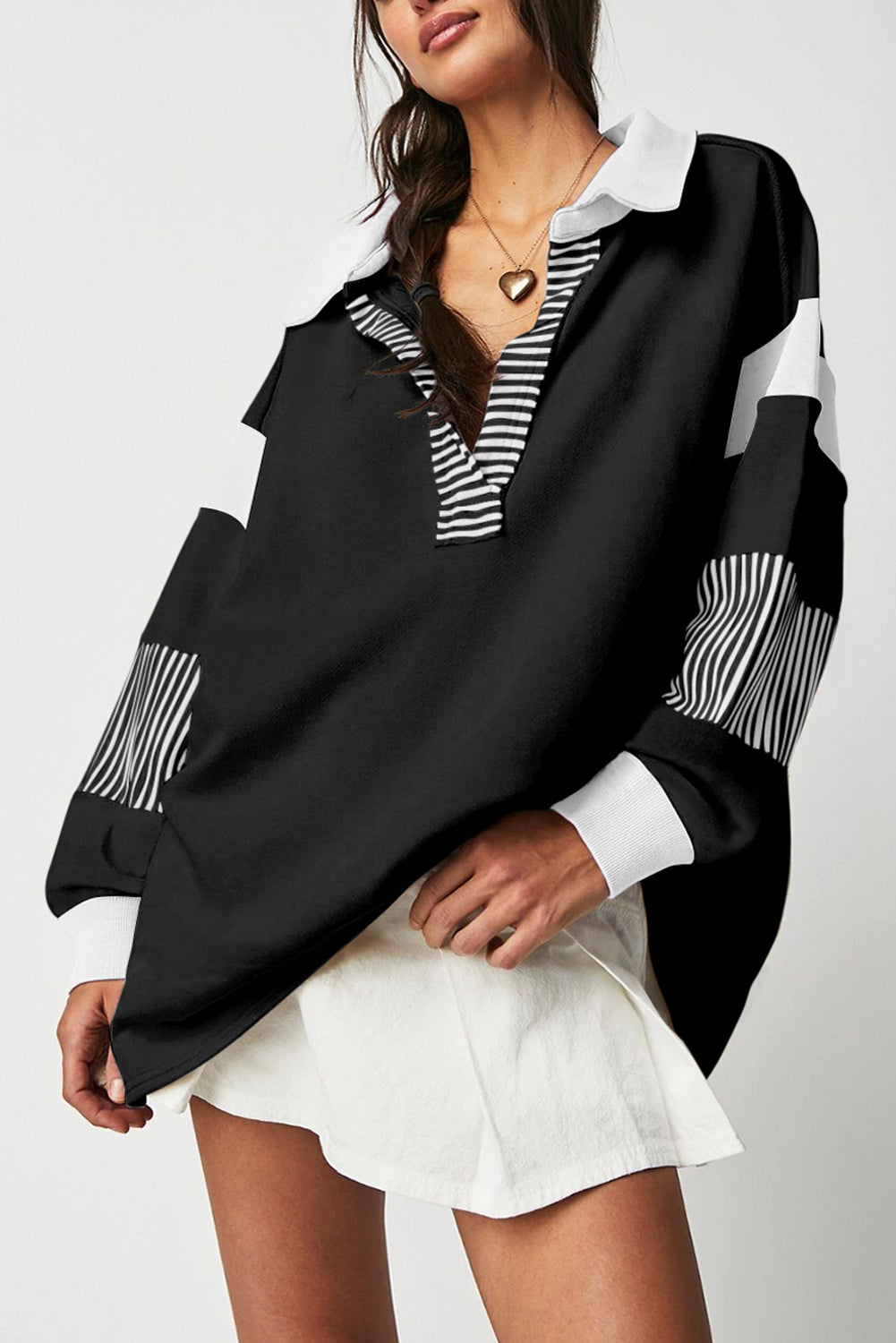 Black Striped Colorblock Patchwork Collar Sweatshirt Sweatshirts & Hoodies JT's Designer Fashion