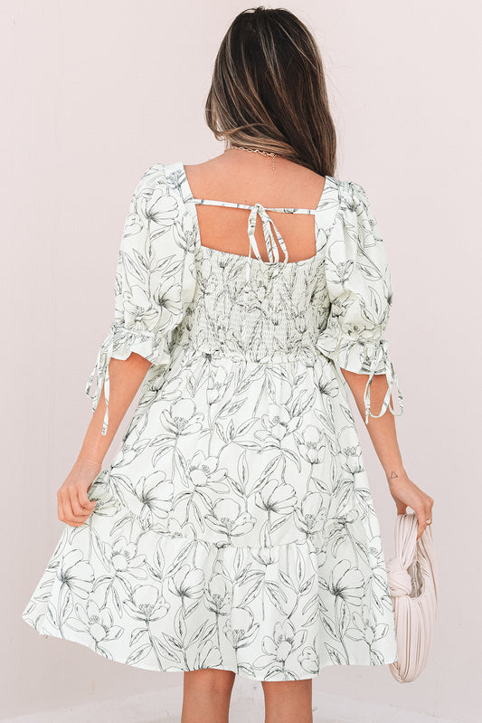 Beige Floral Print Square Neck Shirred Back Puff Sleeve Mini Dress Floral Dresses JT's Designer Fashion