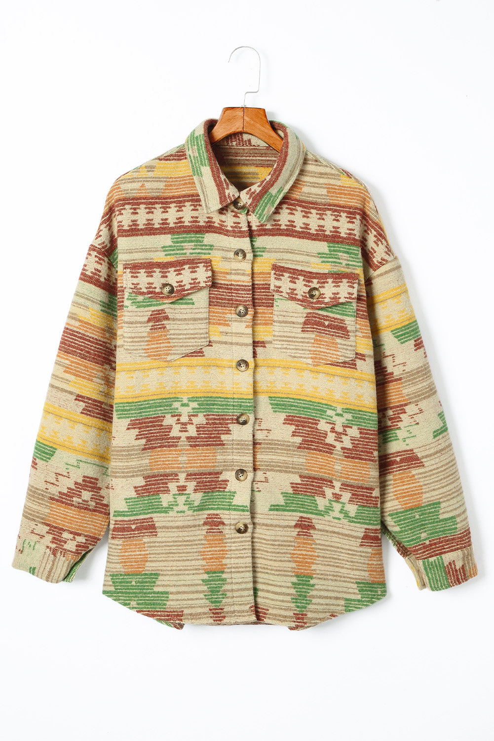 Yellow Western Aztec Print Button Flap Pocket Shacket Jackets JT's Designer Fashion