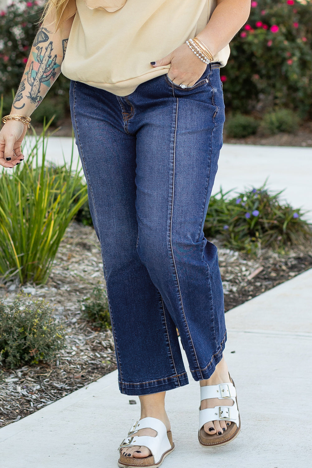 Navy Blue Plus Size Seamed Wide Leg High Waist Jeans Plus Size Bottoms JT's Designer Fashion