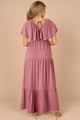 Rose Pink Textured V Neck Flutter Sleeve Ruffled Long Dress Maxi Dresses JT's Designer Fashion
