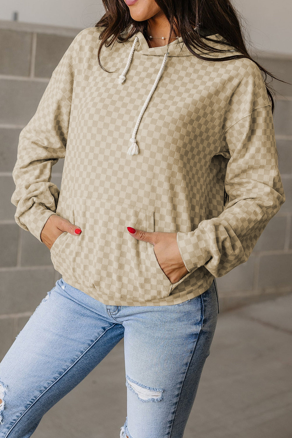 Khaki Checkered Print Kangaroo Pocket Drawstring Hoodie Sweatshirts & Hoodies JT's Designer Fashion