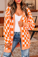 Orange Checkered Open Front Drop Shoulder Cardigan Cardigans JT's Designer Fashion