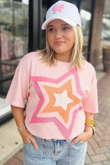 Light Pink Eyelet Lace Star Applique Plus Size T Shirt Plus Size Tops & Tees JT's Designer Fashion