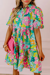 Green Floral Puff Sleeve Collar Buttoned Plus Babydoll Dress Dresses JT's Designer Fashion