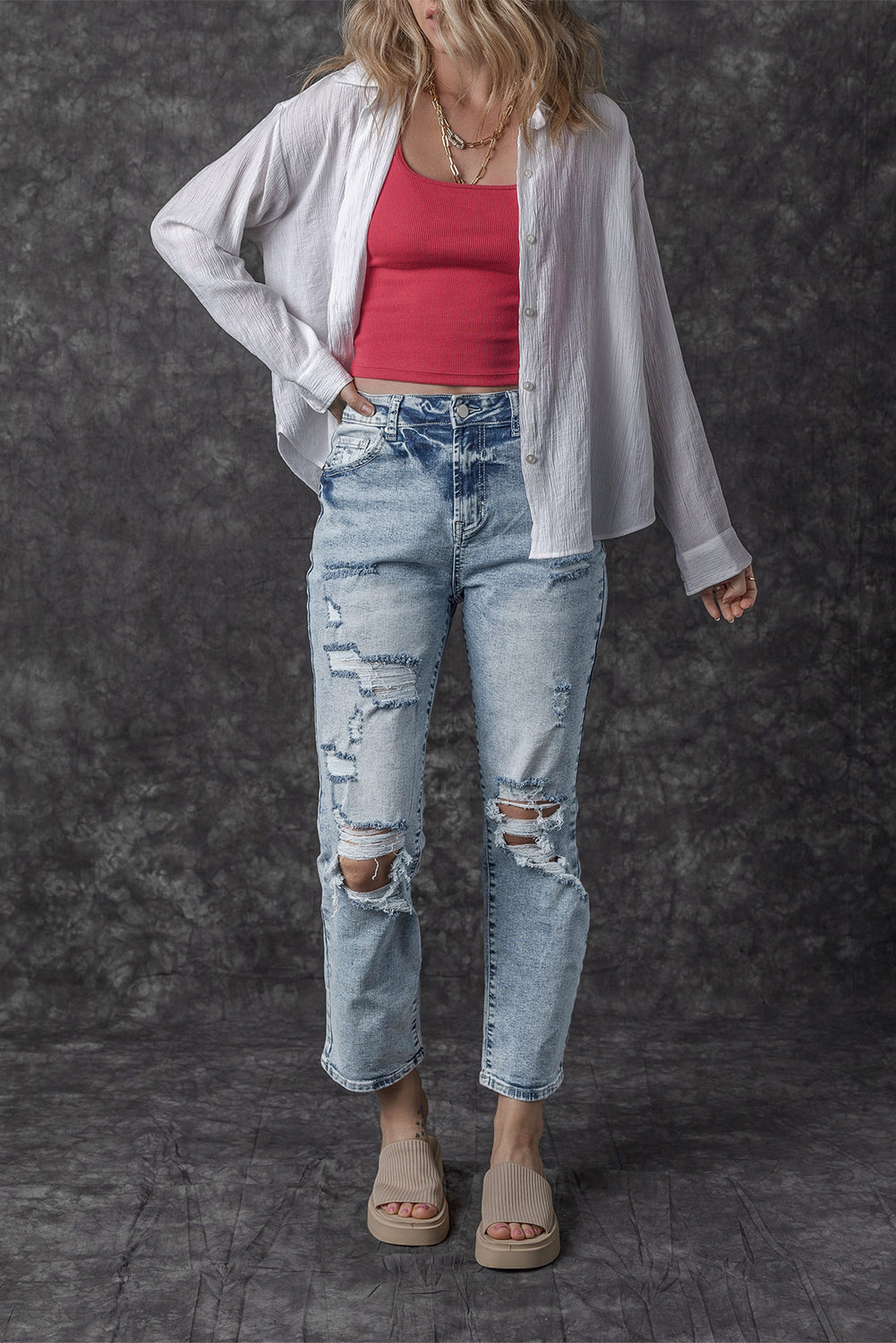 Sky Blue Light Wash Frayed Slim Fit High Waist Jeans Jeans JT's Designer Fashion