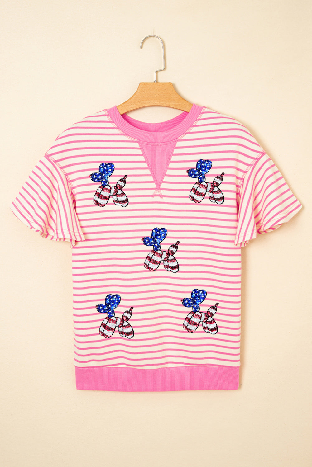 Sachet Pink Striped Sequin USA Flag Inspire Balloon Dog Patched Ruffled Short Sleeve Top Graphic Tees JT's Designer Fashion
