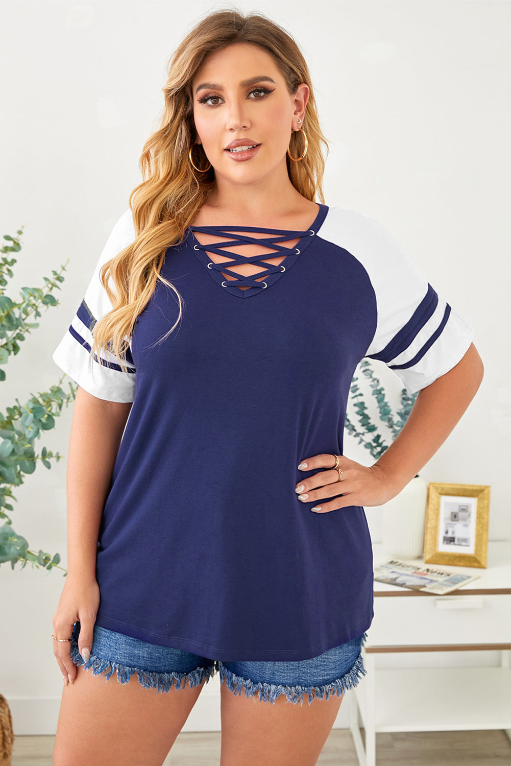 Blue Crisscross V Neck Raglan Sleeve Plus Size Tee Plus Size Tops & Tees JT's Designer Fashion