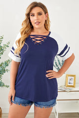 Blue Crisscross V Neck Raglan Sleeve Plus Size Tee Plus Size Tops & Tees JT's Designer Fashion