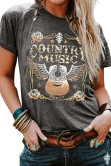 Gray COUNTRY MUSIC Guitar Graphic Print Crew Neck T Shirt Graphic Tees JT's Designer Fashion