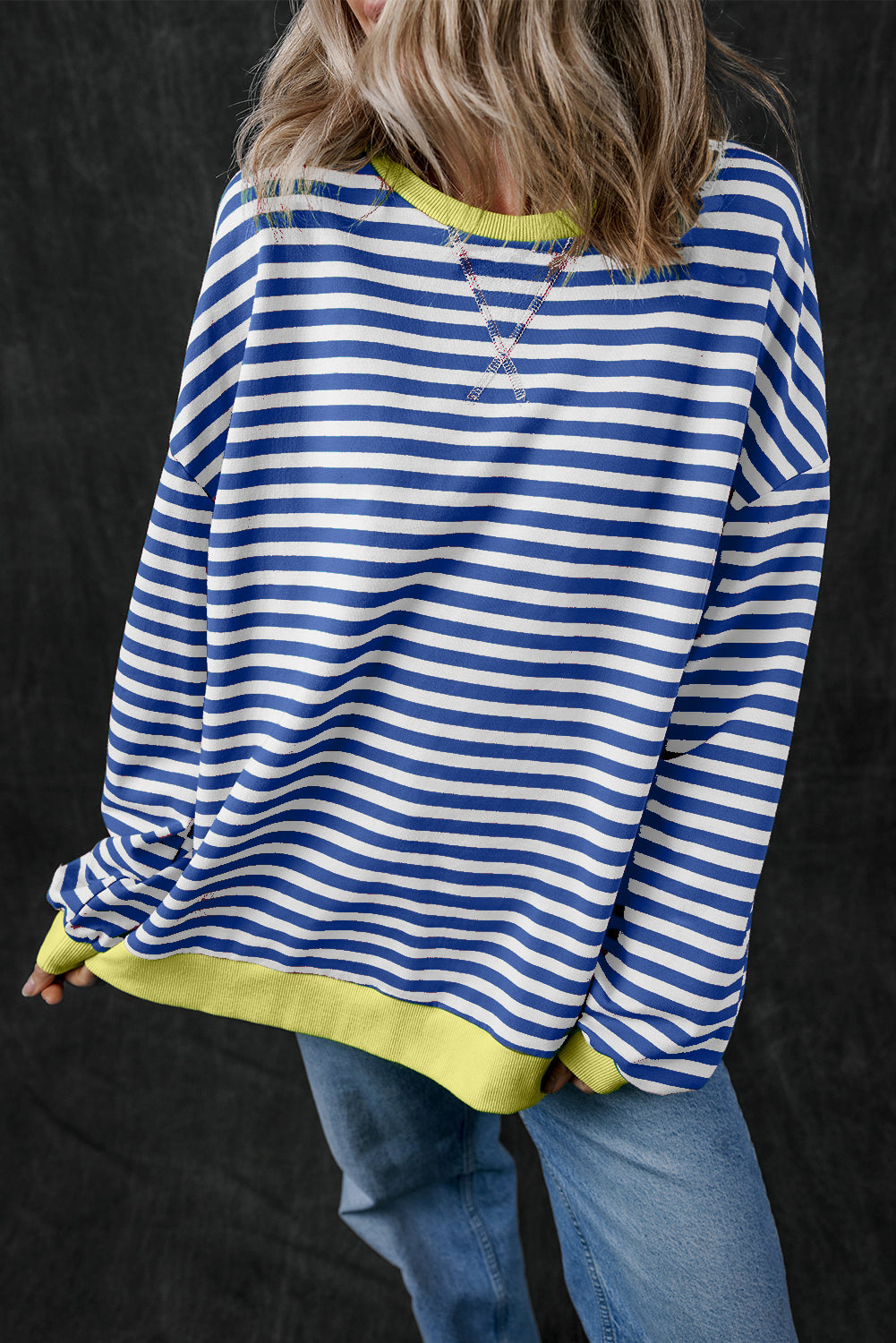 Blue Stripe Oversized Contrast Trim Pullover Sweatshirt Sweatshirts & Hoodies JT's Designer Fashion