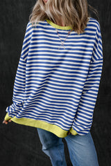 Blue Stripe Oversized Contrast Trim Pullover Sweatshirt Sweatshirts & Hoodies JT's Designer Fashion