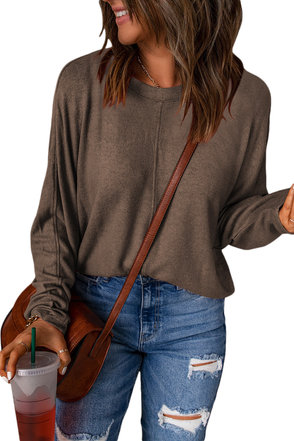 Brown Fiery Solid Color Patchwork Long Sleeve Top Long Sleeve Tops JT's Designer Fashion